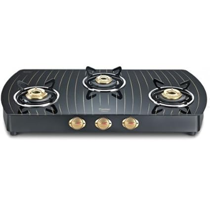 Prestige Premia Schott Gold Designer Glass Top 3 Burner Gas Stove, Black