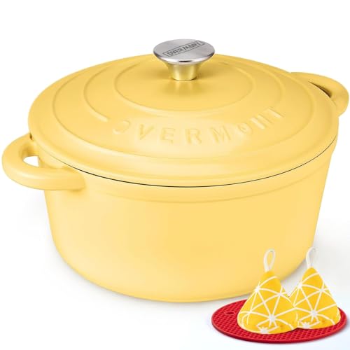Overmont Runde Auflaufform aus emailliertem Gusseisen, 24 cm/4,2 l, mit Deckel, 4,5 l, Kochbuch, antihaftbeschichteter Dutch Oven zum Schmoren, Eintöp