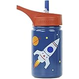 EcoVessel Scout Kids Stainless Steel Water Bottle with Flip Straw top and Silicone Straw - 13 Ounces - Blue Rocketship