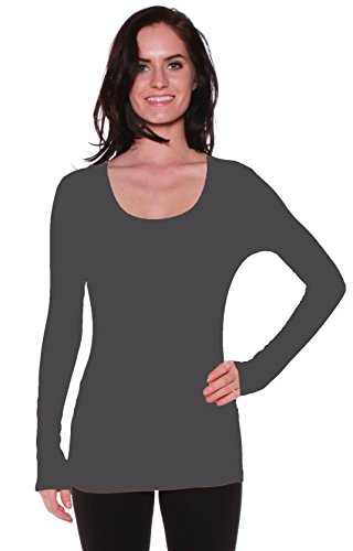 Active Basic Womens Plain Basic Scoop Neck Long Sleeves Tshirt Tee Top - Charcol, S - Thumbnail 3