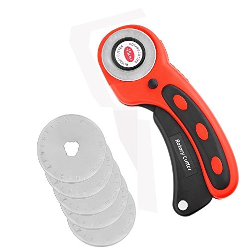 Powstro Rotary Cutter Set 45mm Deluxe Handle Rotary Cutter Roller Knife Tool with 5 Spare Blades for Craft Papter Leather Fabric Vinyl (Red)