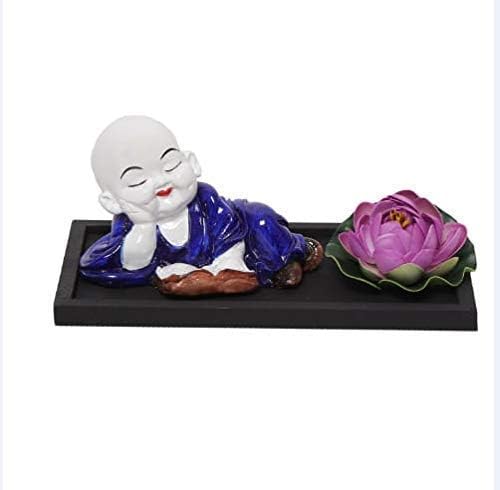 SN Handicrafts Baby Laughing Buddha Reading Book Polyresin Statue with Lotus & Wooden Tray Best Home Decoration Items(Blue) 1 Set