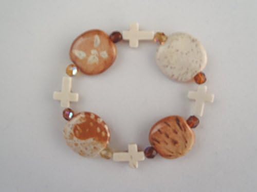 KAZURI BRACELET - Brown &amp; Cream Beads with Crosses