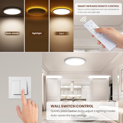 Tyreses LED Deckenleuchte Dimmbar 24W 2800LM, Deckenlampe mit Fernbedienung, 1800K Dimmbar Nachtlicht, 3000K-6500K Schlafzimmer Lampe für Schlafzimmer, Kinderzimmer, Wohnzimmer, Badezimmer, Ø30cm