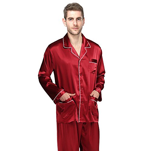 LONXU Mens Silk Satin Pajamas Set Sleepwear Loungewear Wine L