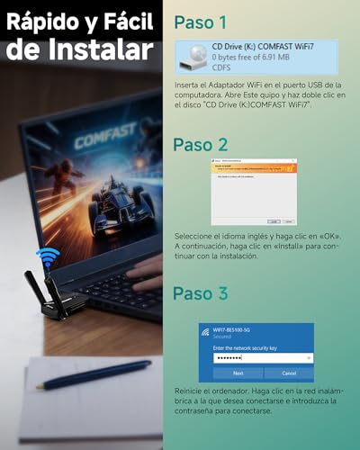 COMFAST BE6500 Adaptador WiFi USB para PC, Receptor WiFi USB 3.0, Antena WiFi 7 para Windows 10/11, Tri-Banda 6G/5G/2,4G, 2x6dBi Antenas de Alta Ganancia, WPA3, MU-MIMO, OFDMA & MLO