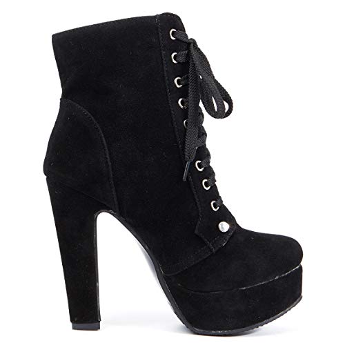 Susanny Women Autumn Round Toe Lace Up Ankle Buckle Chunky High Heel Platform Knight Suede Black Martin Boots 7.5 B (M) US - Thumbnail 2