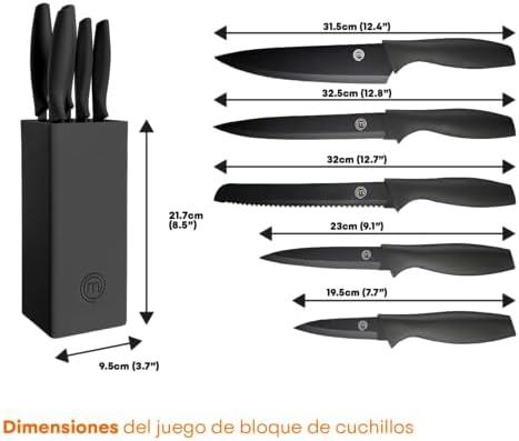 MasterChef Juego de Cuchillos de Cocina con Soporte Taco Universal con Set para Pan, Cebollero, Chef, Carne y Pelar, en Acero Inoxidable, 5 Piezas, Negro, Stainless Steel, Negro, Tacto Suave