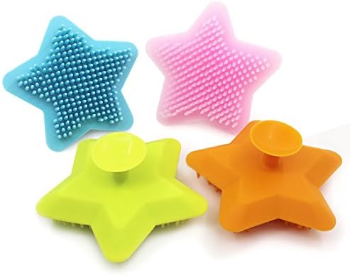 Baby Bath Shower Brush, YUANFENG Soft Silicone Infant Scalp Scrubber Body Massage, Star Shape with Base For Placement (Orange)