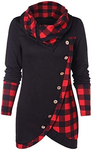 Woman Tops Jaminy Blouse Women Long Sleeve Plaid Turtleneck Tartan Tunic Sweatshirt Pullover Tops