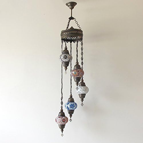Woodymood Hanging Ceiling Spiral Mosaic Lamps, Handmade, Turkish, Moroccan, Brass&Glass 5 Ball (Multi-colored)