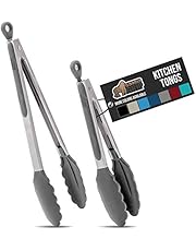 Gorilla Grip Stainless Steel Kitchen Tongs, 2 Piece Set Includes 9 and 12 Inch Locking Tong, Heat Resistant Premium Silicone Tips and Grips, Perfect for Cooking, Grilling, BBQ, Dishwasher
