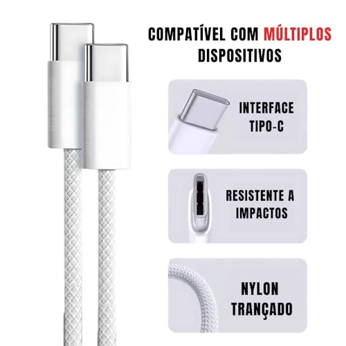 Cabo USB-C Turbo 1 Metros Tipo C 60W Nylon Trançado e Reforçado Compativel Com Iphone 15, Iphone 16 Notebook Tablet Qualidade Premium Carregamento Transferência de Dados Compativel ANDROID