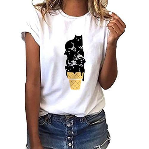 Women's Tops Miuye Summer Cute Cat Print Tops Short Sleeve T-Shirts Blouse Tunic Graphic tees Tanks (XXXL, White)