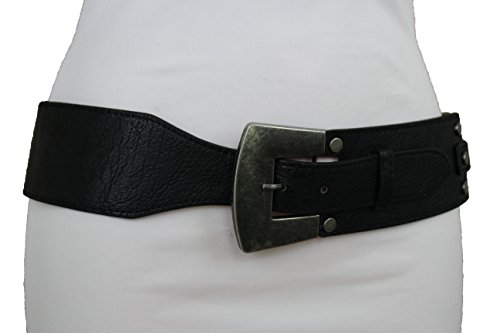 TFJ Women Belt Faux Leather Hip Waist Rusty Silver Metal Buckle S M Black