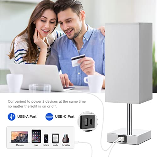 Aooshine Bedside Lamps, Touch Control Table Lamp with USB A+C Charging Ports, Lamps 3 Way Dimmable, for Bedroom Living Room-Grey Fabric Shade (LED Bulb Included)