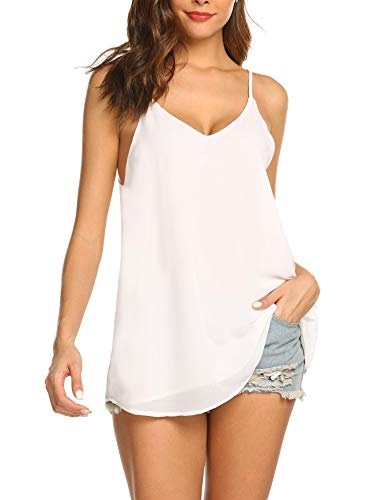 SUNAELIA Women Sleeveless Strap Tank Top Camisole Chiffon Summer V Neck Casual Solid Loose Blouse Shirts White
