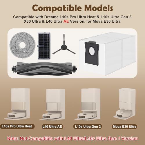 Spofan Accessories Spare Parts for Dreame L40 Ultra AE, L10s Ultra Gen 2, L10s Pro Ultra, Mova E30 Ultra Robot Vacuum Cleaner, 1 Main Brush, 2 Filters, 4 Side Brushes, 4 Mop Cloths, 6 Bags