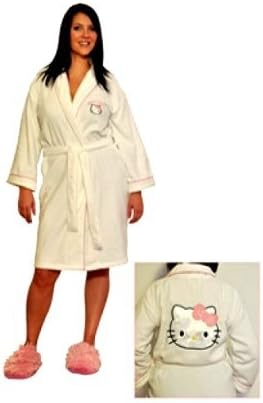 Hello Kitty White Adult With Pink Border Bathrobe One Size Fit Most