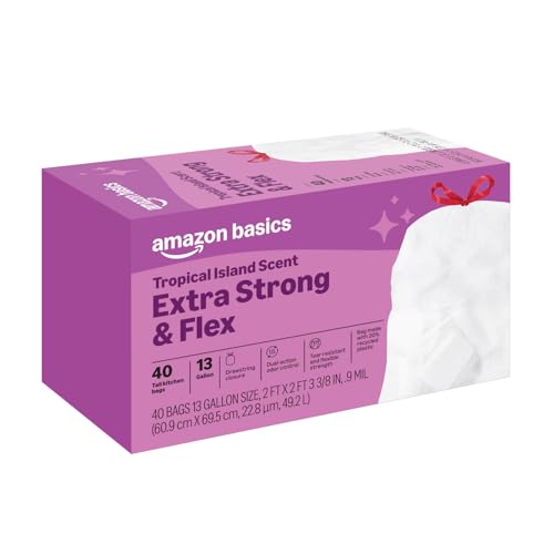 AMAZON BASICS EXTRA STRONG & FLEX TALL KITCHEN DRAWSTRING TRASH BAGS, TROPICAL ISLAND SCENT, 13 GALLON, 40 COUNT
