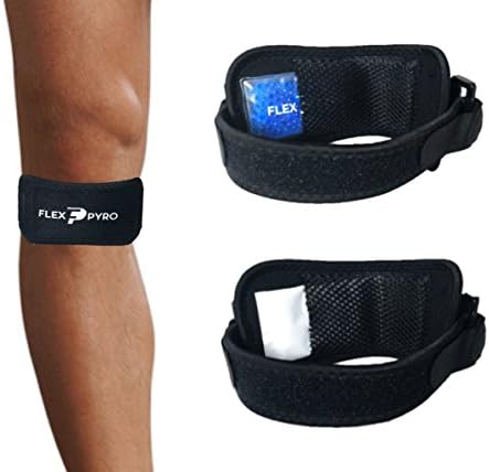 FlexPyro Knee Pain Relief Brace Patella Stabilizer w/ Insert Pocket for Jumper's Knee, Tendonitis - Includes (1) Knee Strap w/ Mesh Pocket (2) Gel Bead Cold Packs (10) Air-Activated Hot Packs