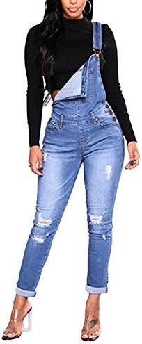 Zojuyozio Women Casual Fashion Denim Overall Sleeveless Ripped Jeans Romper