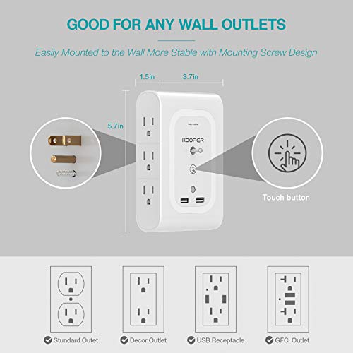 Outlet Extender, Surge Protector with Night Light(Dusk-to-Dawn Sensor), KOOPER 6-Outlet Adapter with 2 USB Ports, 1080J Wall Mount Outlet for Hallway, Stairs, Bathroom, Kitchen (Ice-Blue Light)