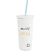 Kate Spade New York Acrylic Bridal Tumbler with Lid and Straw, 20 oz Tumbler for Bride to Be, Slim Double Wall Tumbler, Miss to Mrs. (White)