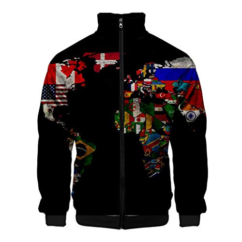 Men 3D Printed Coat, NDGDA Unisex Front Zipper Long Sleeve Baseball Jacket World Map Cardigan Standing Collar Tops