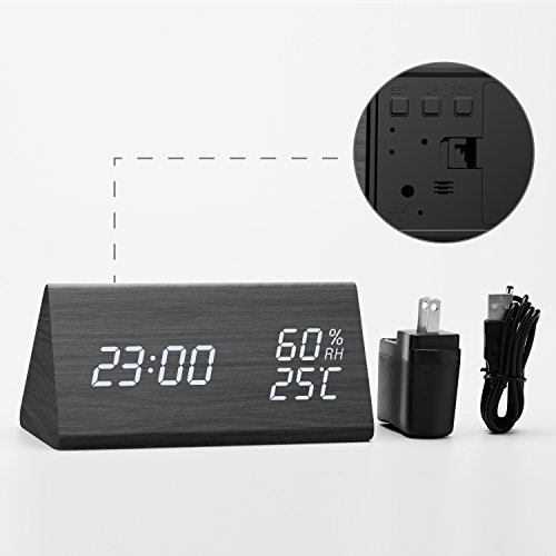Digital Alarm Clock, Wooden LED Alarm Clock with Triple Alarms, 3 Levels Brightness Dimmer, Big Digit Display Date, Temperature and Humidity for Home Bedrooms