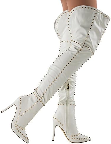 Paris Peach Sasha-1 Studded Suede Pointy Toe Stiletto Over The Knee Thigh High Boots White (7.5)