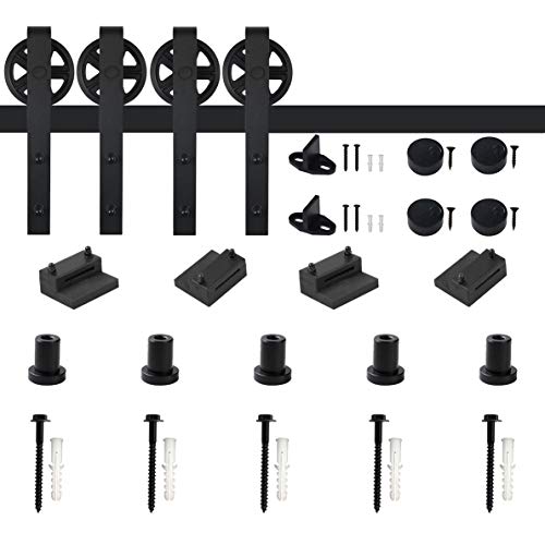 WINSOON 6.6FT Basic Black Wheel Roller Garage Closet Carbon Steel Double Wood Sliding Barn Door Hardware Kit Flat Track Heavy Bearing