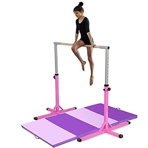 Costzon Junior Training Bar with 4 ft Gymnastics Mat, 3′ to 5′ Height Adjustable 1-4 Levels Exercise Kip Bar w/Double…