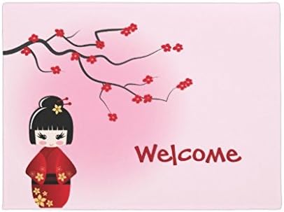 Funny Front Door Mats Japanese kokeshi Doll at Sakura blossoms Doormat Rubber Floor Door Rug Outside Inside Mats 16 x 24"