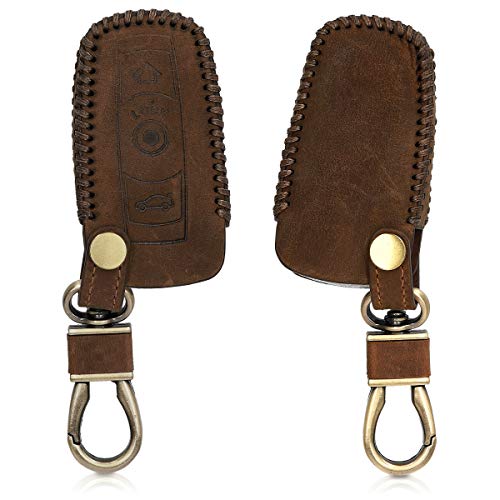 kwmobile Car Key Cover for BMW - Heavy Duty Genuine Leather Protective Key Fob Cover for BMW 3 Button Car Key (only Keyless Go) - Brown
