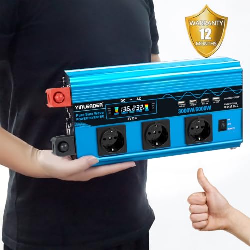 Yinleader Converter 12v 220v Pure Sine 3000W/6000W Pure Sine Inverter 3 European Sockets and 4 USB Ports LCD Voltage Display (with Remote Control)