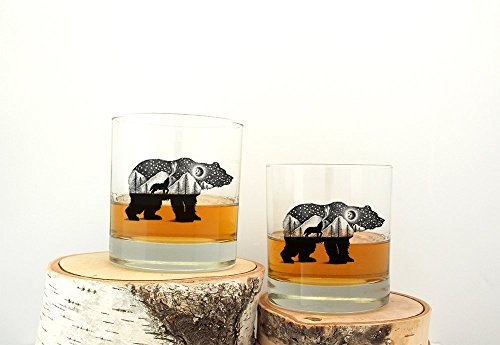 Whiskey Glasses by Black Lantern – Handmade Whiskey Glass Set and Bar Glasses – Bear and Wolf Design (Set of Two 11oz. Glasses)