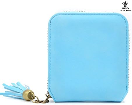 Witfox Zipper RFID Credit Card Holder, Fashion Leather Wallet Mini Coin Purse Pouch with Tassel for Women Sky Blue