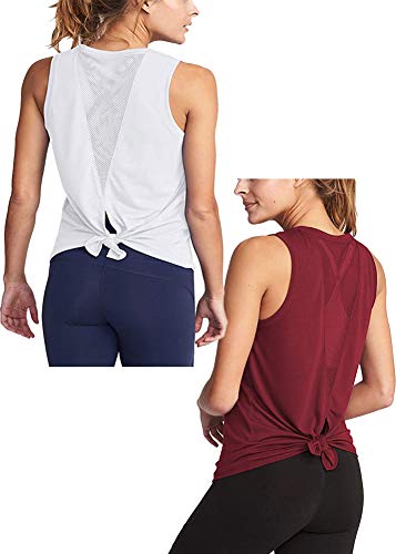 ADOLPH Women's Sexy Open Back Cute Mesh Yoga Workout Sports Shirts Activewear Tank Tops(Wine Red and White,XL)