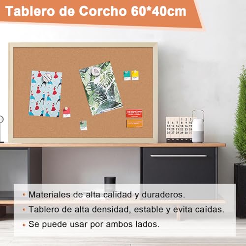 Tablero de Corcho para Pared Tablero de Mensajes Suave Tablones de Anuncios Colgante Pizarrón de Corcho con 5 Chinchetas Corkboards Enmarcado Tablón de Fotos Funcional para Oficina Hogar Aula(60*40cm)