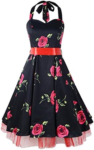 Shengdilu Women's Floral Print Strappy Halter 1950s Rockabilly Retro Party Dress S Black