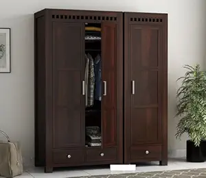 BedCult Furniture Wooden 3 Door Wardrobe for Clothes with 6 Drawer 8 Shelf Storage & Hanging Space - Sheesham Wood Almirah for Bedroom - Solid Wood Large Cupboard (Walnut Finish)