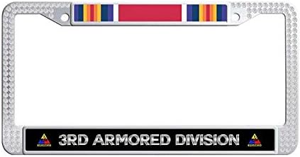 Nuoyizo 3rd Armored Division WW2 Veteran Service Ribbon Bling Crystal Car License Plate Holder Shining Rhinestones Vintage Stainless Steel Metal Waterproof Car Plate Frame (White)