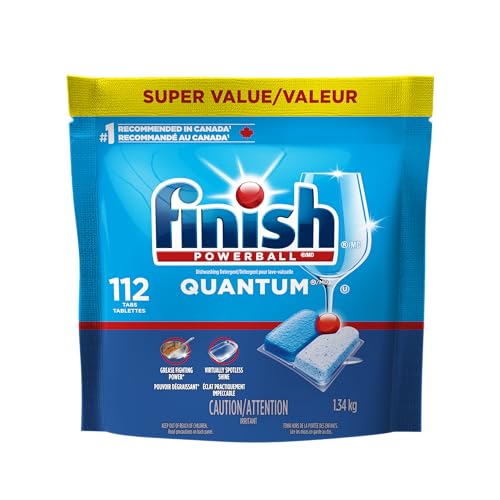 Finish Quantum Dishwasher Detergent Pods, 3-Chamber Formula with Powerball Action, No Pre-Rinse, Grease & Stain Removal, Scrubs Dried-On Food, Deep Clean & Sparkling Shine, 112 Tabs