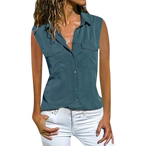 Yxiudeyyr Womens Tank Top Pockets Sleeveless T Shirt Turn Down Button Front Office Shirt Tops Blue - Thumbnail 3