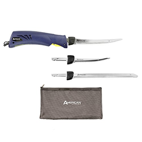 American Angler Classic Heavy Duty Electric Fillet Knife Precision Kit – 110 Volt High Performance Motorized Handset with Two Curved and One Straight Stainless Steel Freshwater Replacement Blades, 31451DS