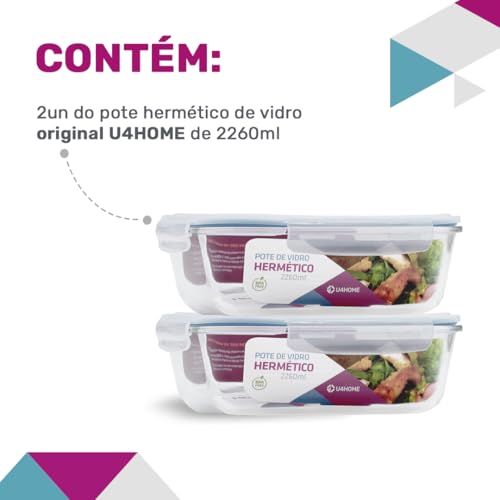 Kit 2 Potes de Vidro Retangular com Tampa Hermética 2260ml (Azul)