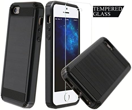 Dual Layer Armor [Free Tempered Glass Screen Protector][ Drop Protection] Full Body Protective Hybrid Case cover for Apple iPhone 5 / 5S / 5SE (Black)
