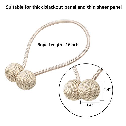 LED Bright Life 6 Pack Magnetic Curtain Tiebacks,The Most Convenient Woven Texture Rope Drape Tie Backs, Decorative Holdback Holder for Window Sheer Blackout Home Office,16 Inch (Beige)