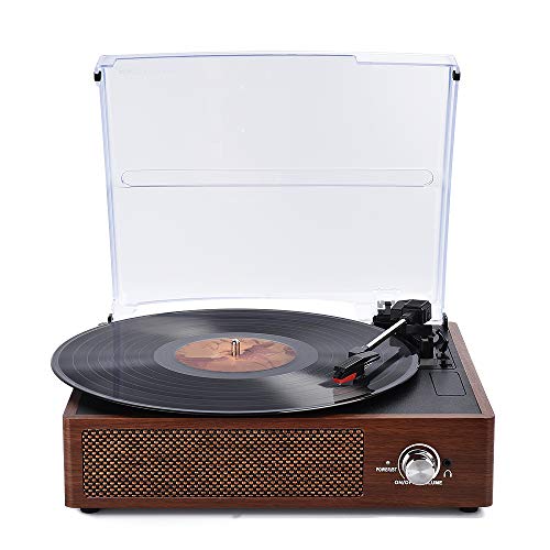 Record Player, SKEVONO Portable 3 Speed Vinyl Turntable, Bluetooth Vintage Record Player with Built-in Speakers, Supports Headphone Jack/Aux Input/ RCA Line Out (Wooden Color)